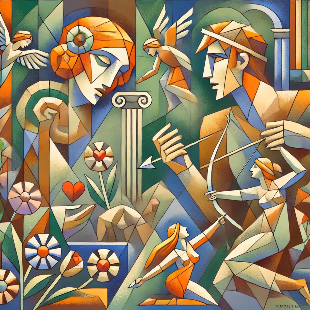 DALL·E 2024-10-16 11.00.44 - Create a Cubist illustration depicting Polia singing and Polifilo gazing at her with deep emotion. Both characters should be represented in fragmented
